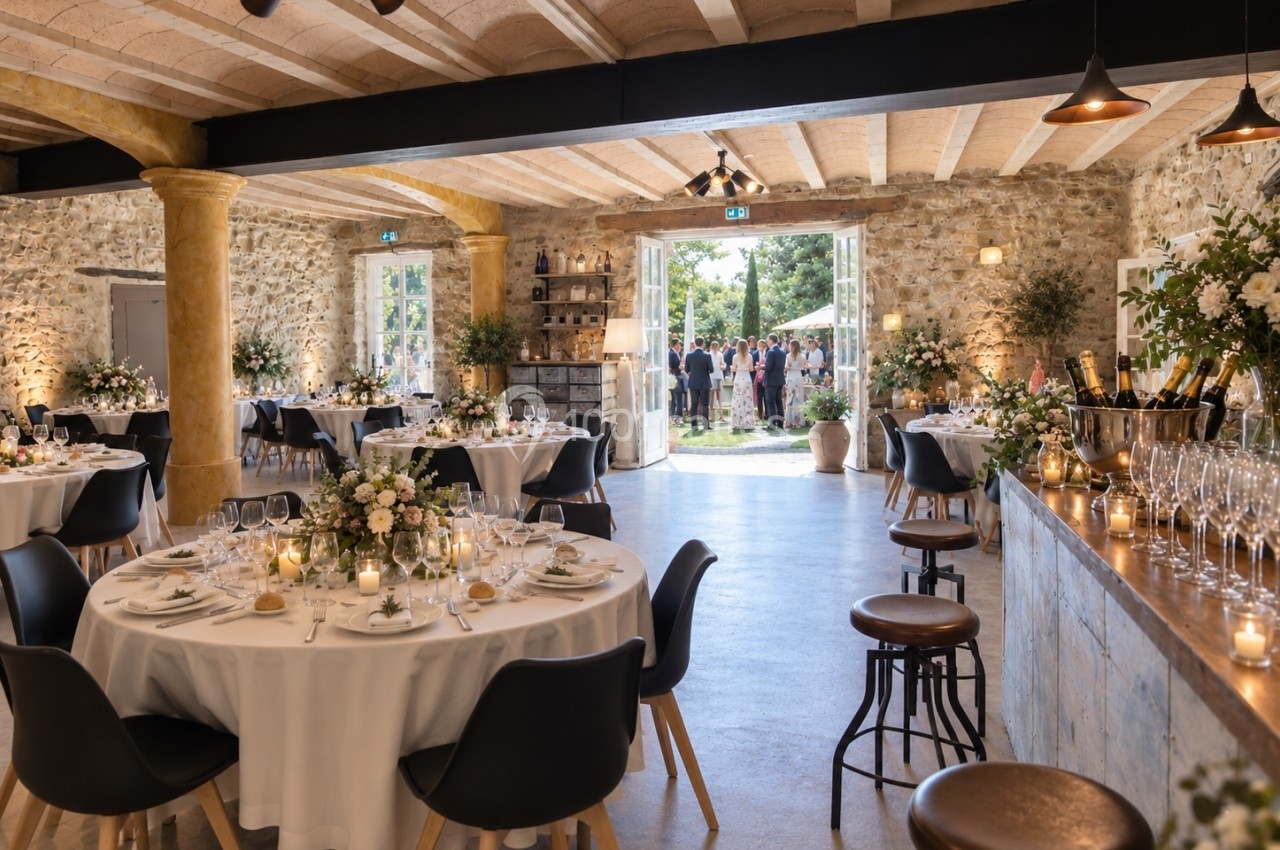 Salle de réception lumineuse avec tables décorées, bar à droite et porte ouverte sur un jardin où des invités sont…