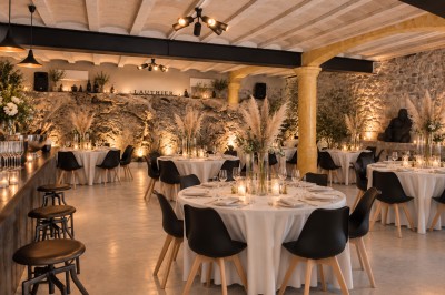Miniature Location salle Brousses-et-Villaret (Aude) - Domaine Lauthier le Haut #17 Cuisine ouverte et salon chaleureux avec murs en pierre, poutres apparentes, mobilier en bois et lumière naturelle.