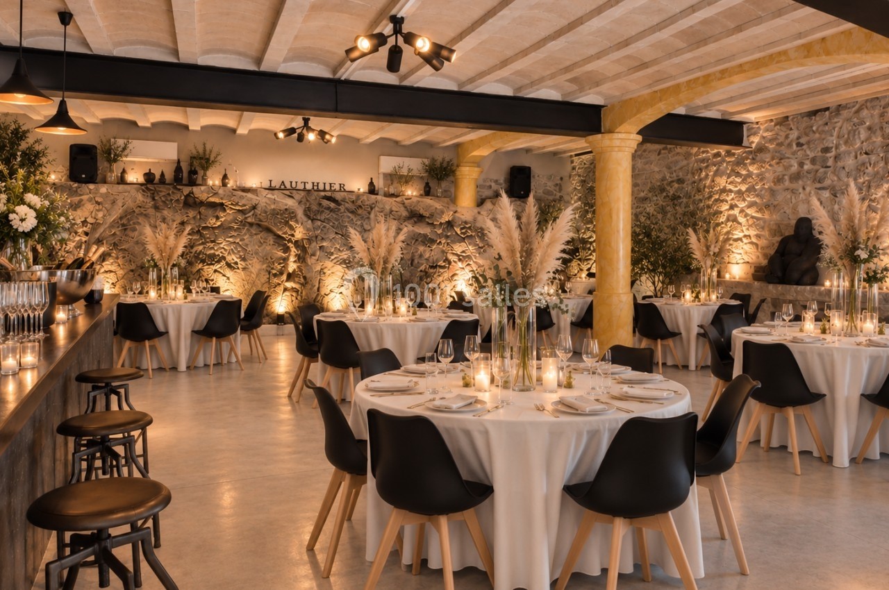Salle de réception élégante avec tables rondes décorées, éclairage chaleureux et murs en pierre apparente.