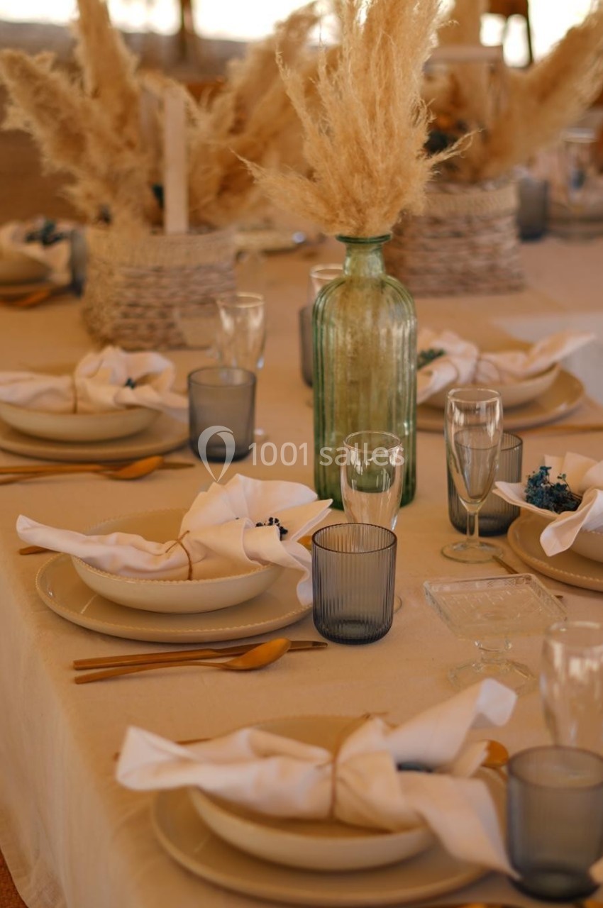 Table décorée avec des assiettes, couverts dorés, serviettes pliées et vases contenant des herbes de pampa.