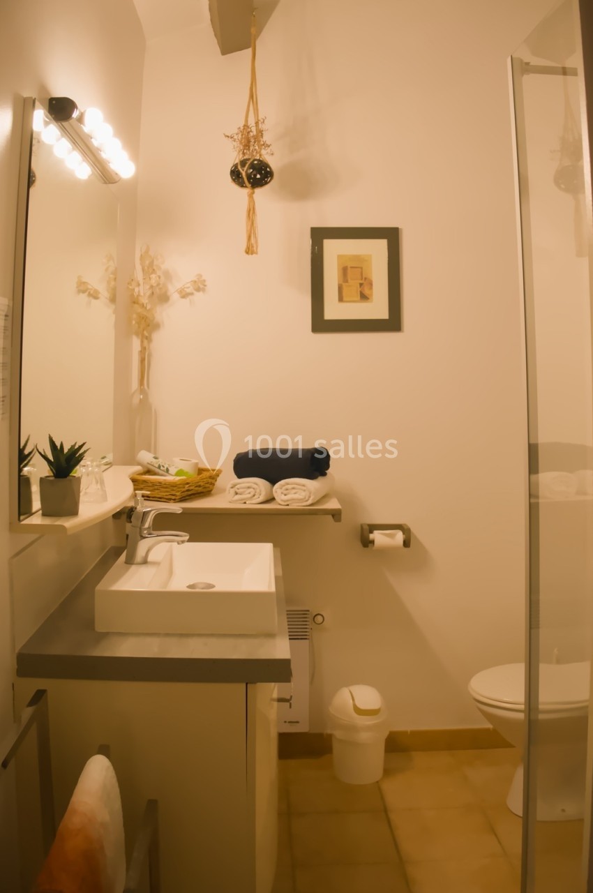 Salle de bain lumineuse avec lavabo, miroir, étagères contenant serviettes et décorations, et toilettes à droite.