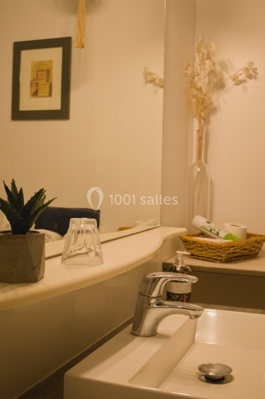 Lavabo de salle de bain avec robinet chromé, miroir, plante décorative et panier contenant des articles de toilette.