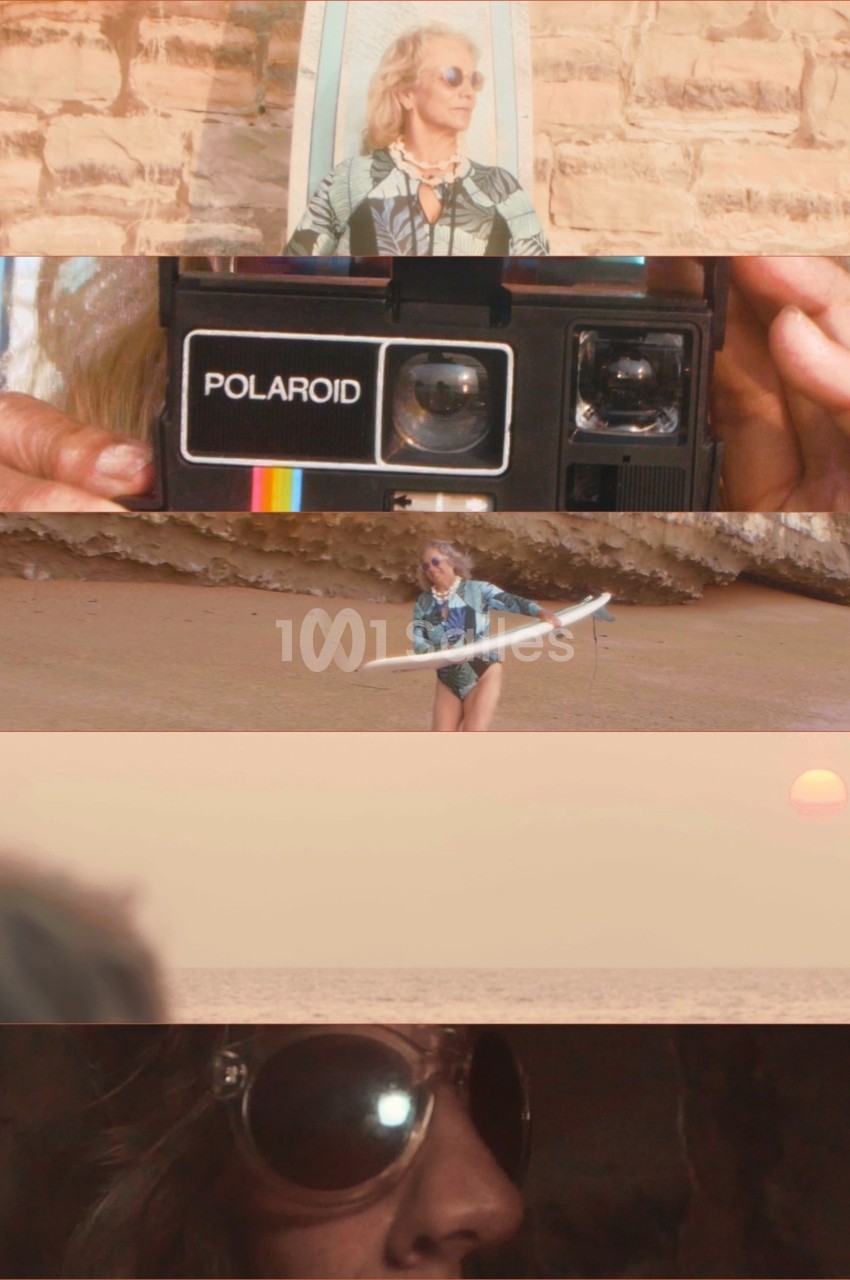 Montage : appareil Polaroid, femme avec une planche de surf sur la plage, coucher de soleil et gros plan de lunettes.