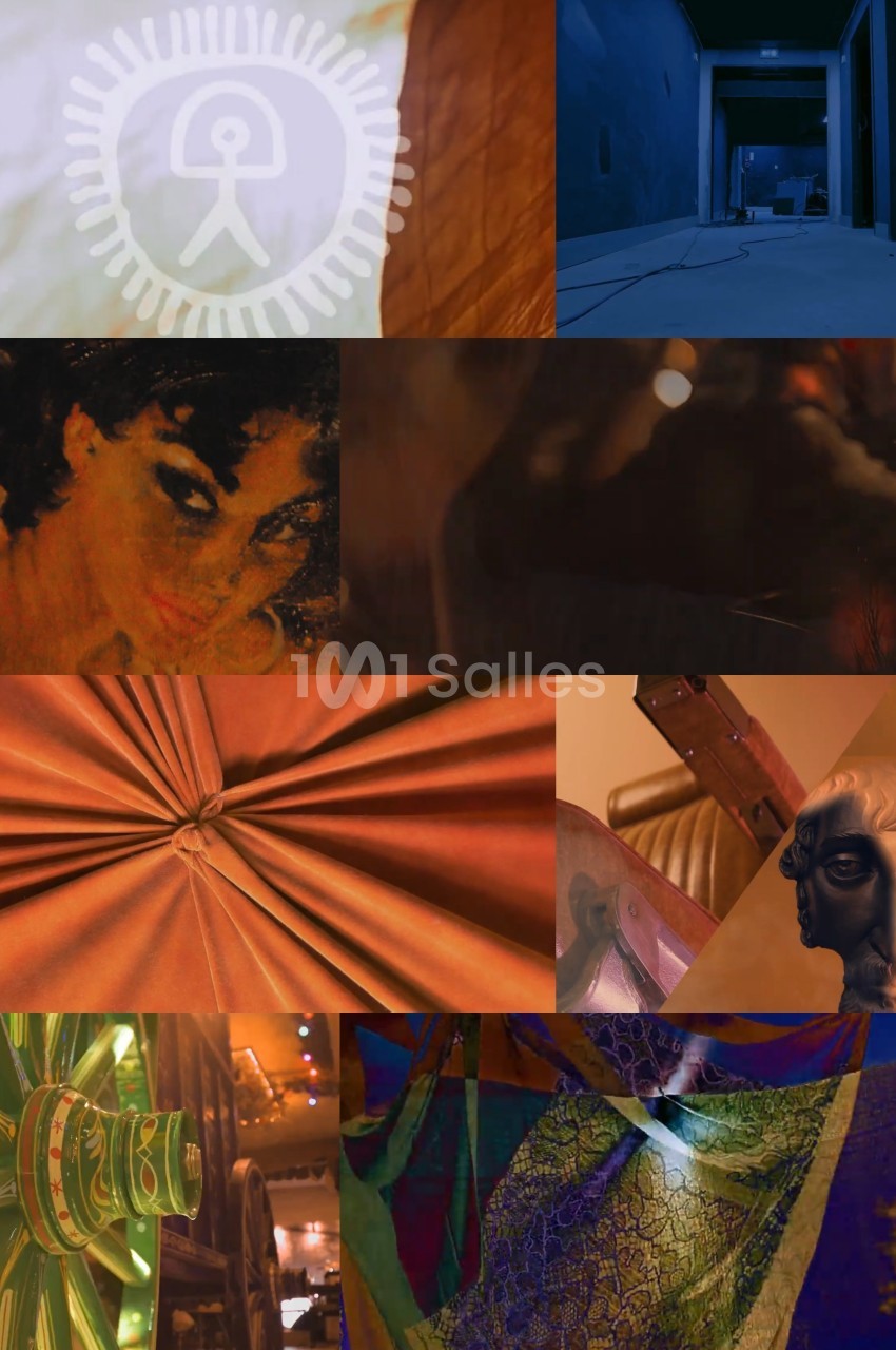 Collage de huit visuels aux tons chauds : drapé orangé, buste antique, corridor bleu et tissus verts et violets.