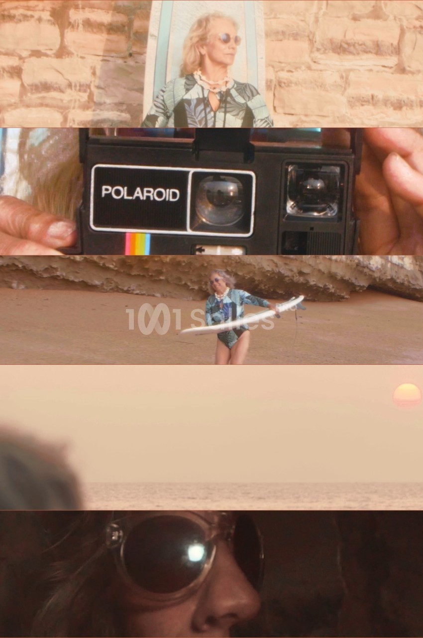 Montage : appareil Polaroid, femme avec une planche de surf sur la plage, coucher de soleil et gros plan de lunettes.