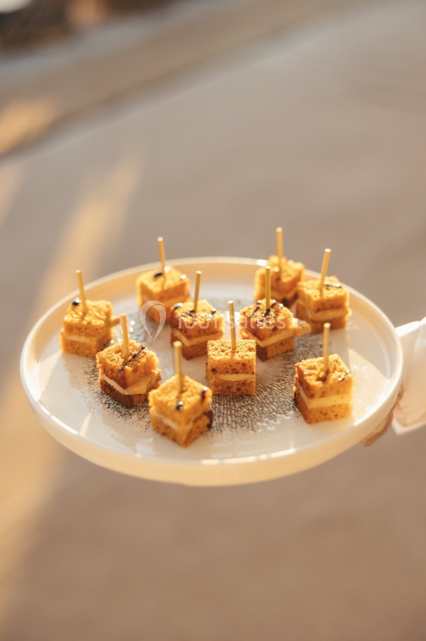 Plateau de bouchées apéritives carrées sur des piques, présenté sur une assiette blanche.