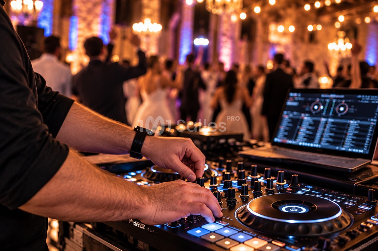 Un DJ aux commandes d'une console à boutons et platine, avec un ordinateur portable, devant des invités qui dansent dans une salle éclairée de guirlandes et de lustres.