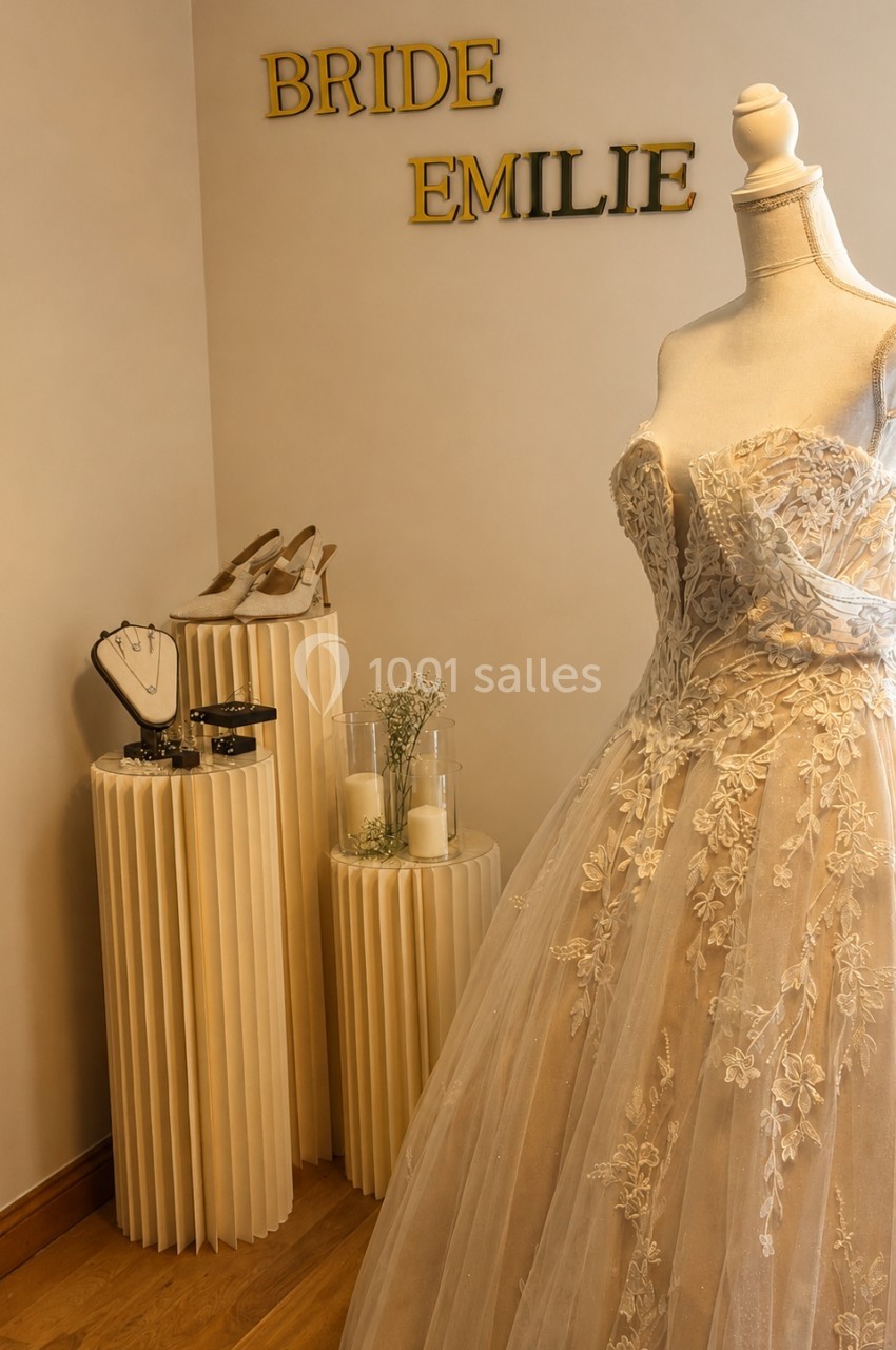Robe de mariée en dentelle exposée sur un mannequin, avec accessoires et décorations sur des tables en arrière-plan.