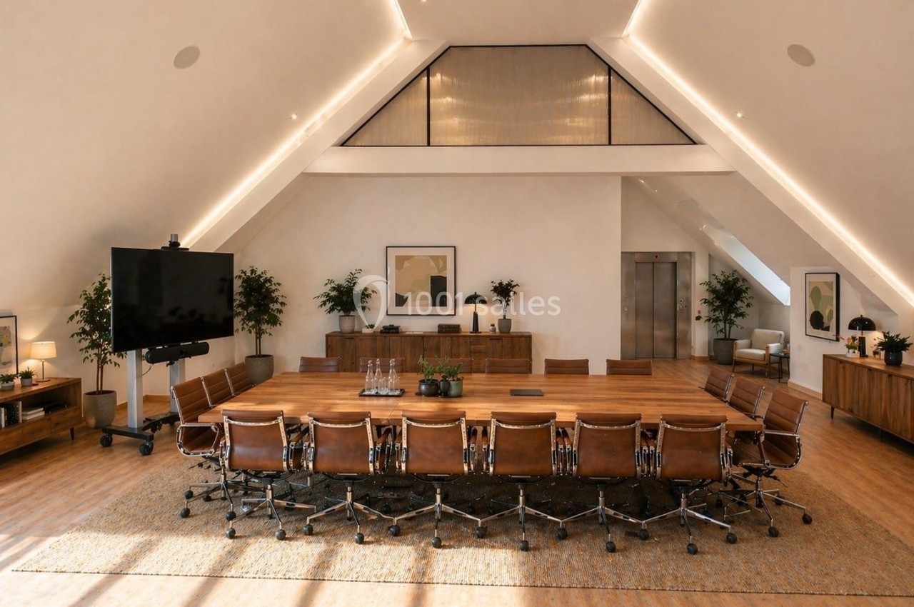 Salle de réunion spacieuse avec une grande table en bois, chaises en cuir, écran et décoration moderne.