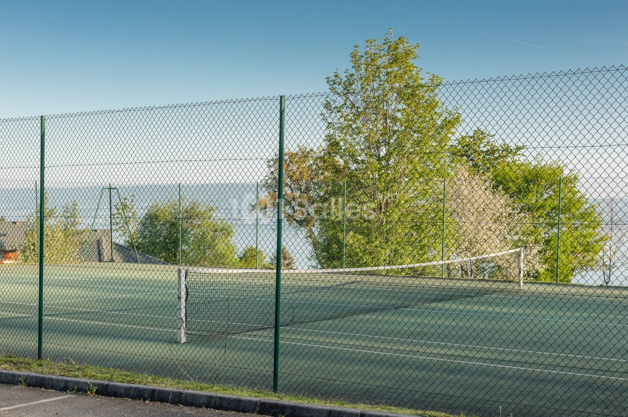 Court de tennis extérieur en résine verte, entouré d'une clôture grillagée, avec un filet blanc au premier plan et des arbres en arrière-plan.