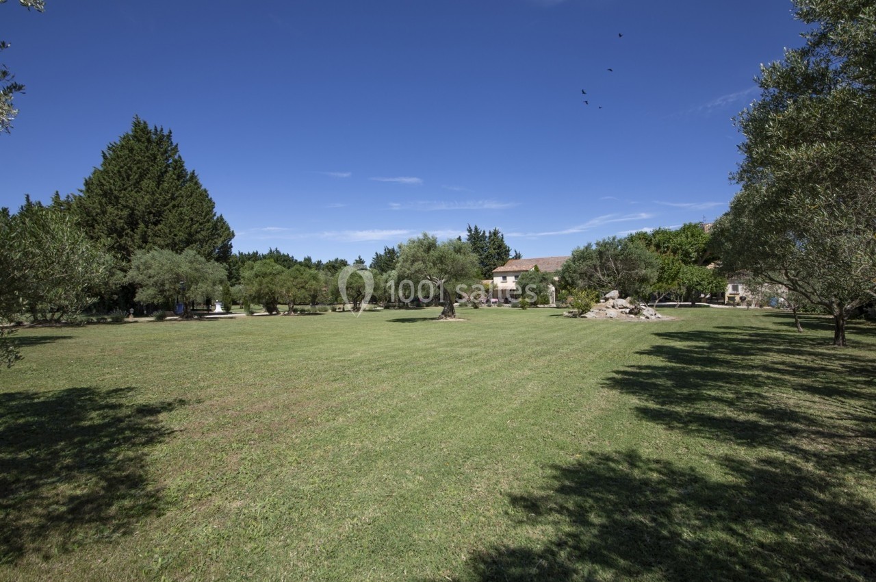 Grand jardin verdoyant avec pelouse, arbres et quelques bâtiments en arrière-plan sous un ciel bleu dégagé.