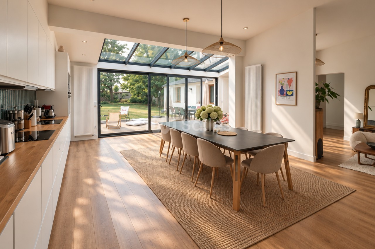 Cuisine ouverte sur salle à manger avec table noire, chaises beige et baies vitrées donnant sur jardin.