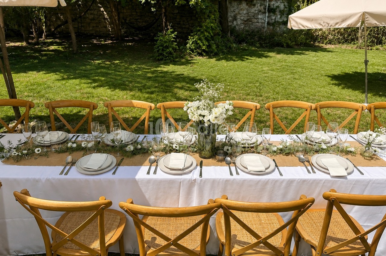 Table dressée en extérieur avec chaises en bois, nappes blanches, couverts et verres, décoration florale blanche, gazon et arbres en arrière-plan.