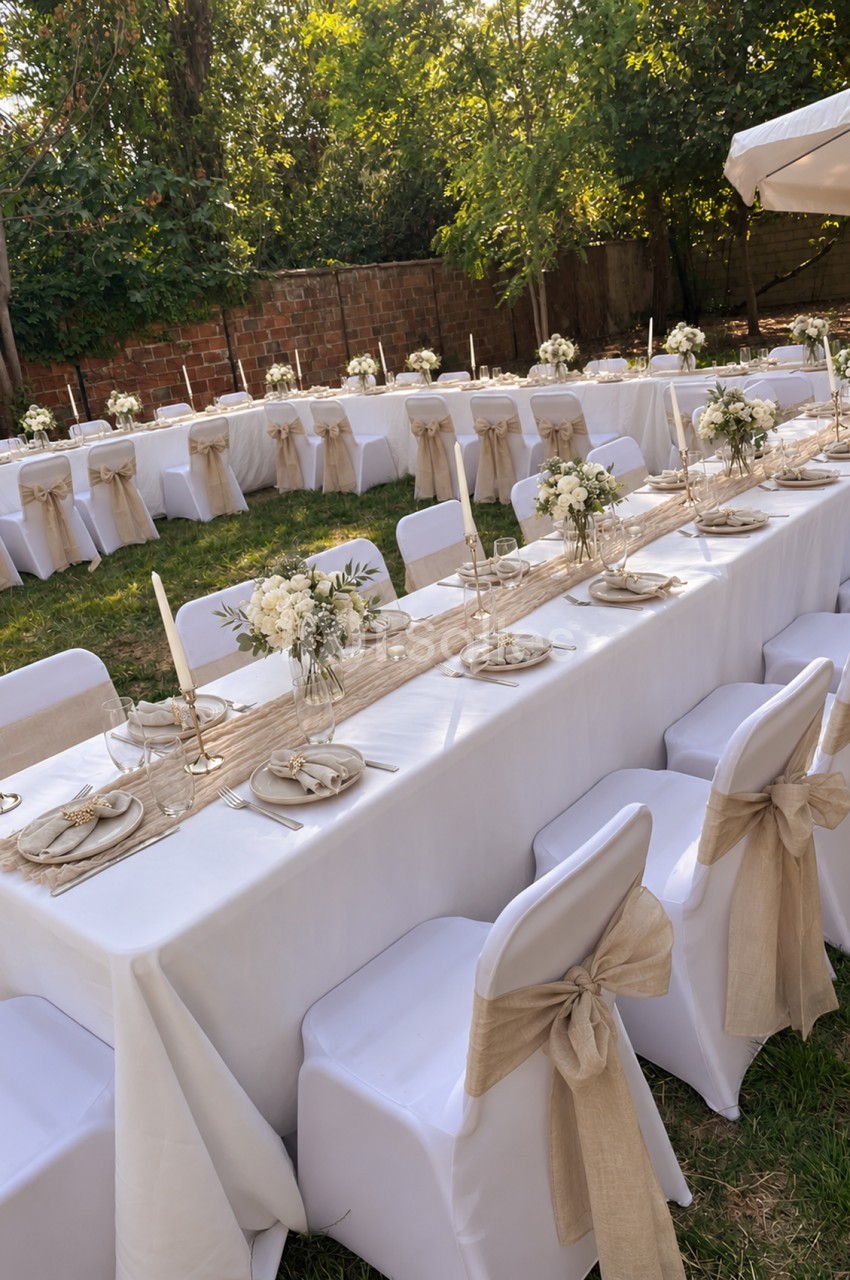 Jardin aménagé pour réception avec tables dressées en blanc et beige, chaises recouvertes, compositions florales et voile d'ombrage.
