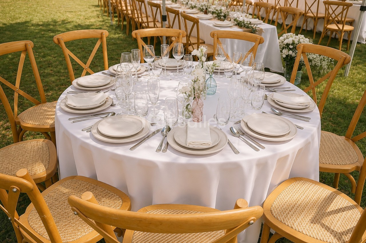 Table ronde dressée en extérieur avec nappe blanche, couverts, verres et fleurs blanches - chaises bois naturel côté jardin.