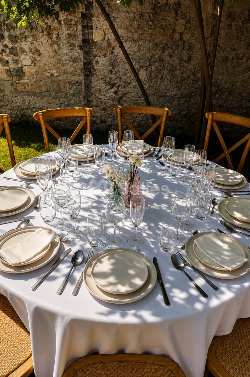 Table ronde dressée en extérieur avec nappe blanche, couverts, verres et fleurs - chaises en bois face à un mur en pierre.