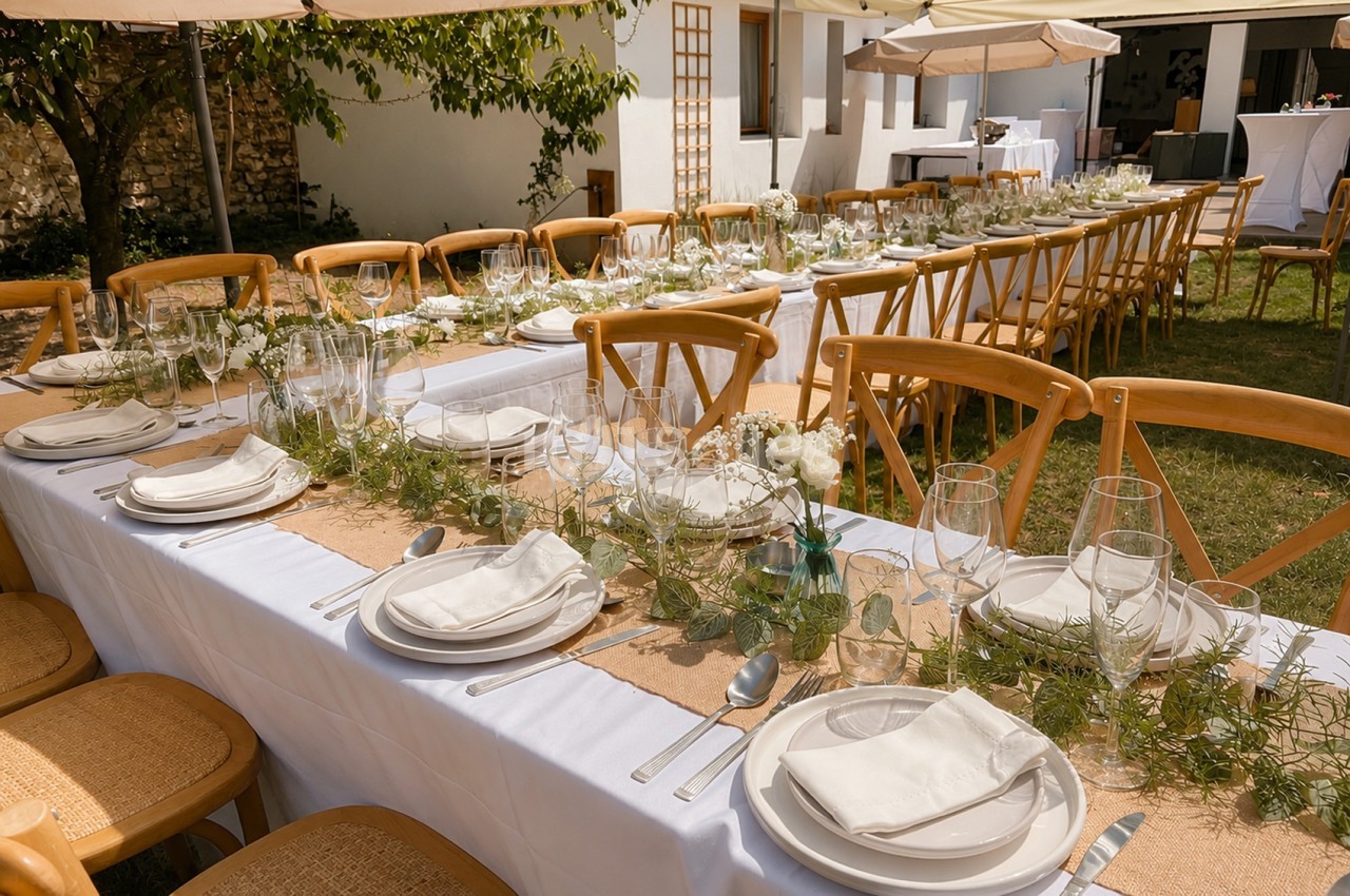 Table dressée en terrasse avec chaises en bois, nappes blanches, fleurs blanches et verdure - environ 30 couverts.