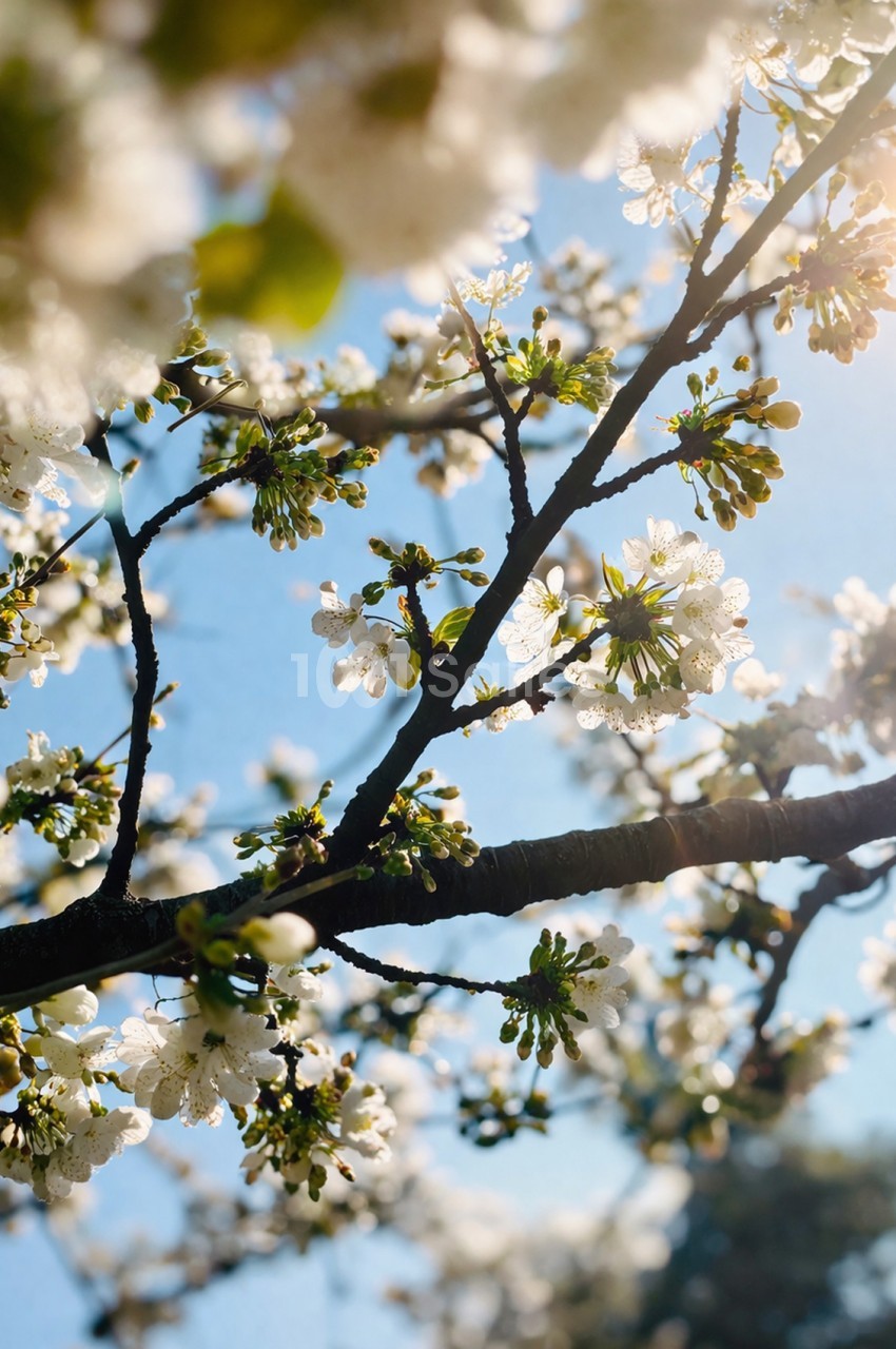 Branche d'arbre fruitier en fleur blanche avec bourgeons verts, ciel bleu en arrière-plan.