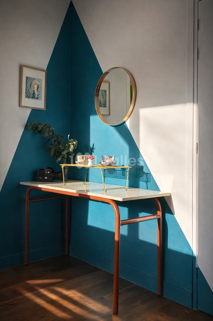 Coin de maquillage avec mur peint en bleu pétrole, miroir rond doré et table blanche aux pieds orange.