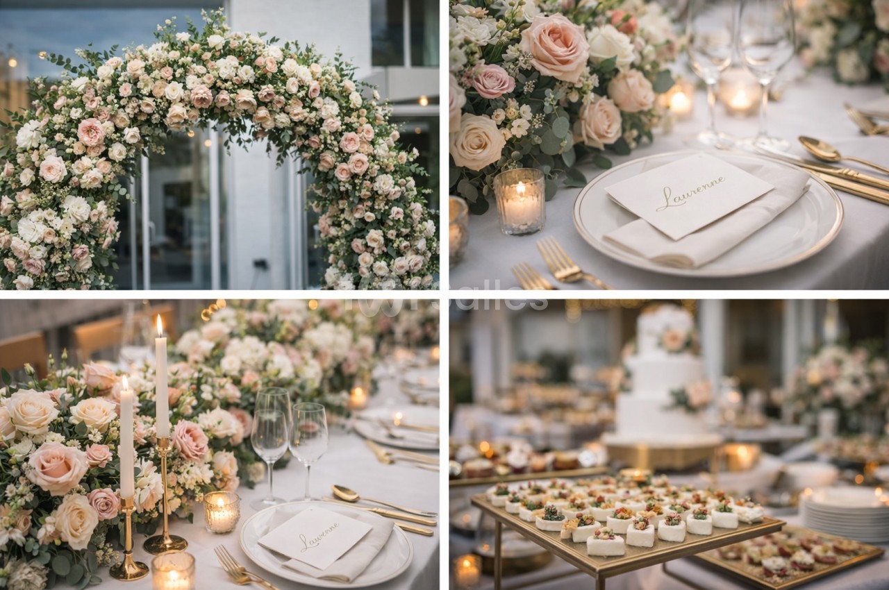 Arche florale rose et blanche avec roses et fleurs blanches devant façade vitrée.