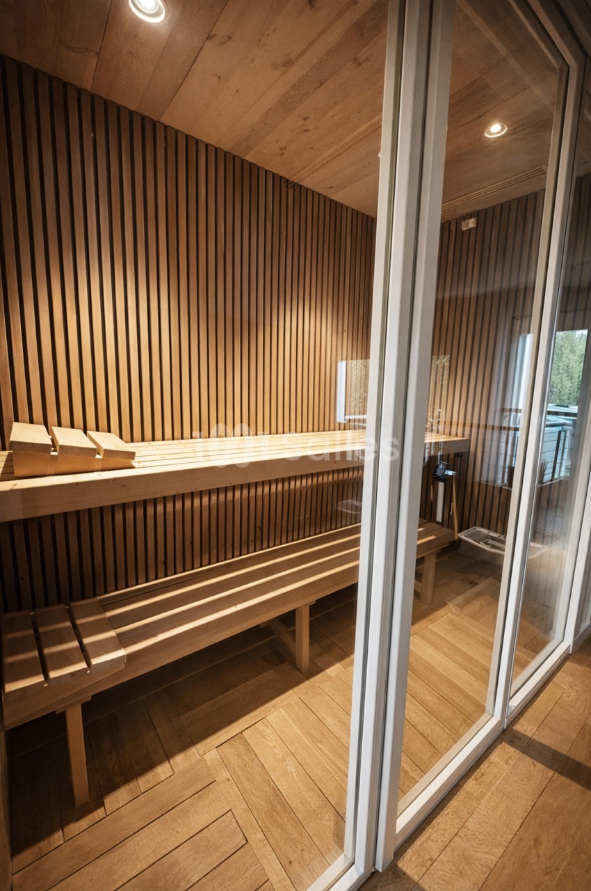 Sauna intérieur avec bancs en bois et panneaux verticaux - porte vitrée coulissante donnant sur l'extérieur.