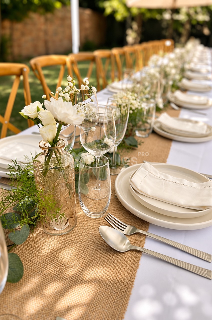 Table de banquet en extérieur dressée avec services blancs, verres, fleurs blanches et chemin de table beige.