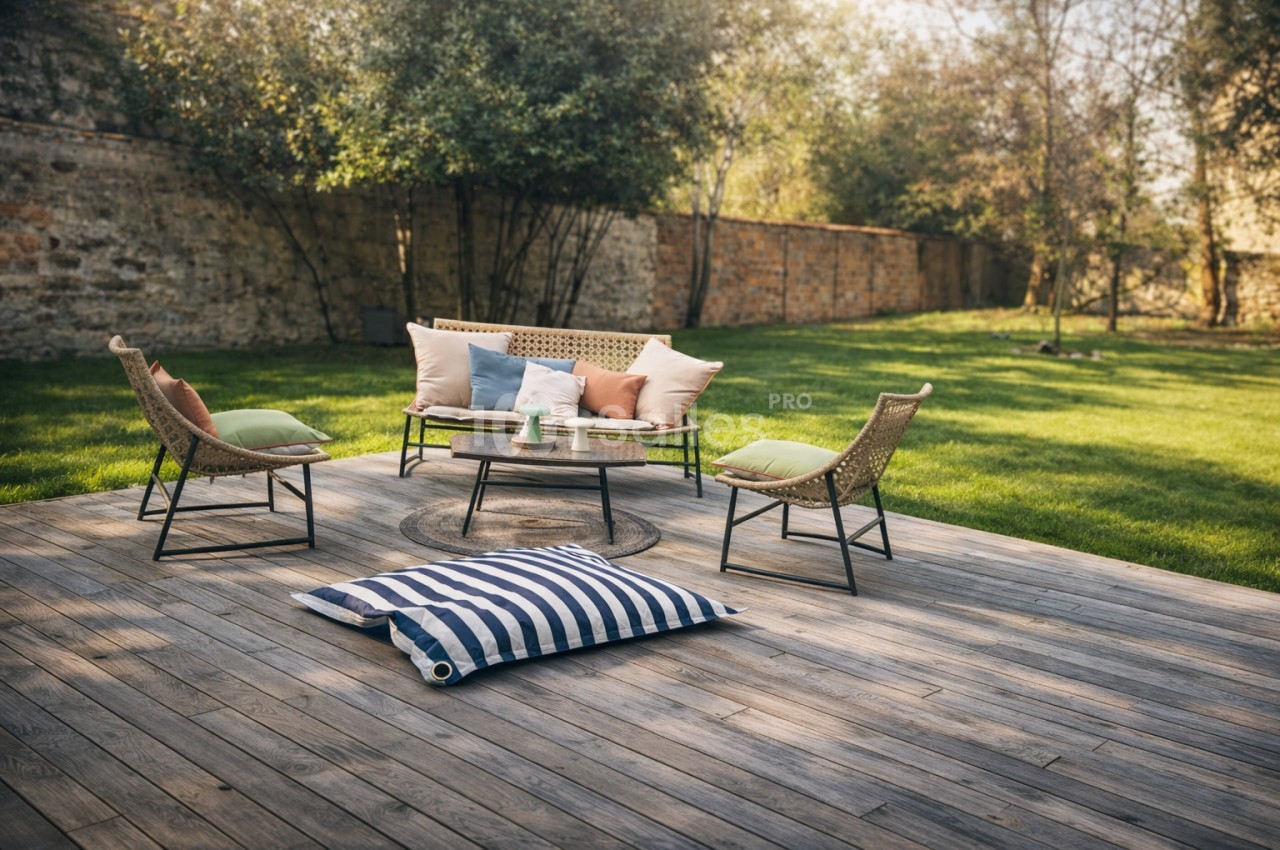 Terrasse en bois avec canapé et deux fauteuils en rotin face à pelouse et murs en pierre.