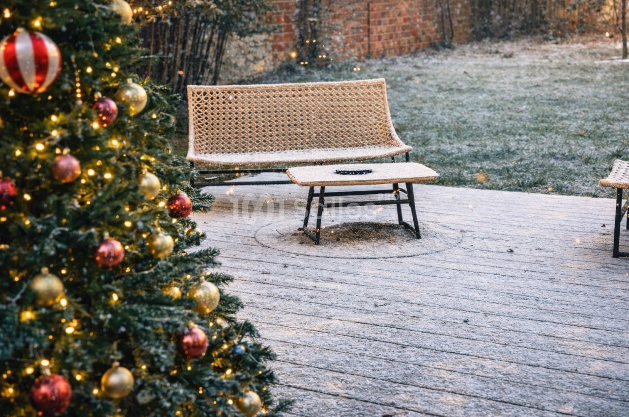 Cour extérieure avec banc en rotin, table basse et sapin décoré de boules colorées.