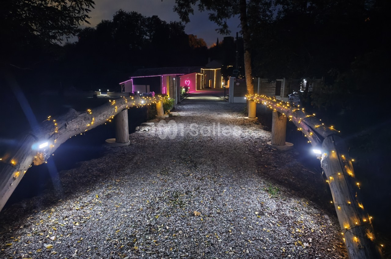 Allée de gravier éclairée la nuit, bordée de rondins de bois décorés de guirlandes lumineuses, menant à des bâtiments aux néons roses.