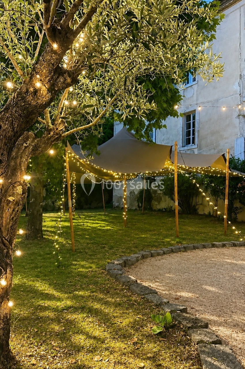 Jardin éclairé au crépuscule avec guirlandes lumineuses suspendues sous une toile tendue près d'un arbre.