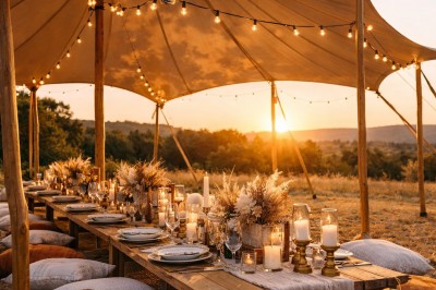 Miniature Comtralala #4 Tables décorées pour un dîner en plein air sous une tente éclairée de guirlandes lumineuses, près d'un bâtiment en pierre.