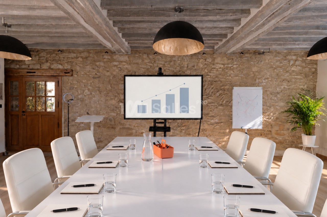 Salle de réunion aménagée autour d'une grande table blanche entourée de fauteuils crème, avec écran affichant un graphique et murs en pierre apparente.