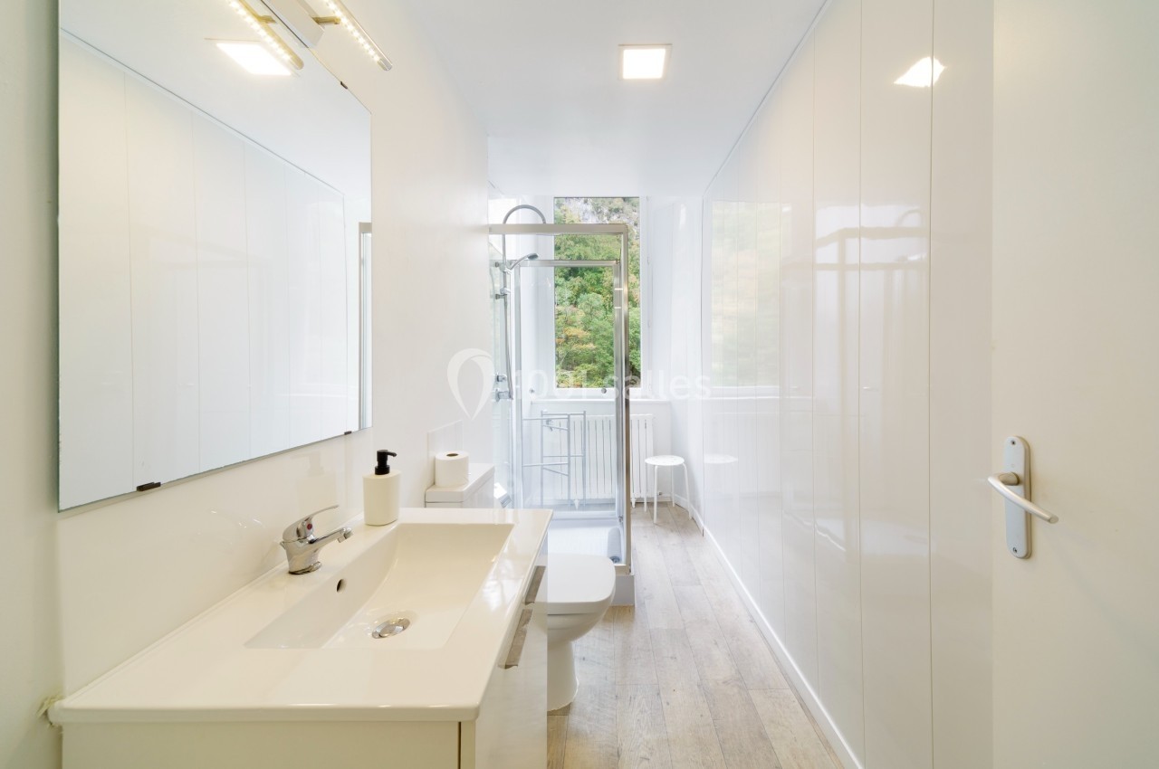 Salle de bain lumineuse avec lavabo, miroir, douche vitrée et sol en bois clair, vue sur un extérieur verdoyant.