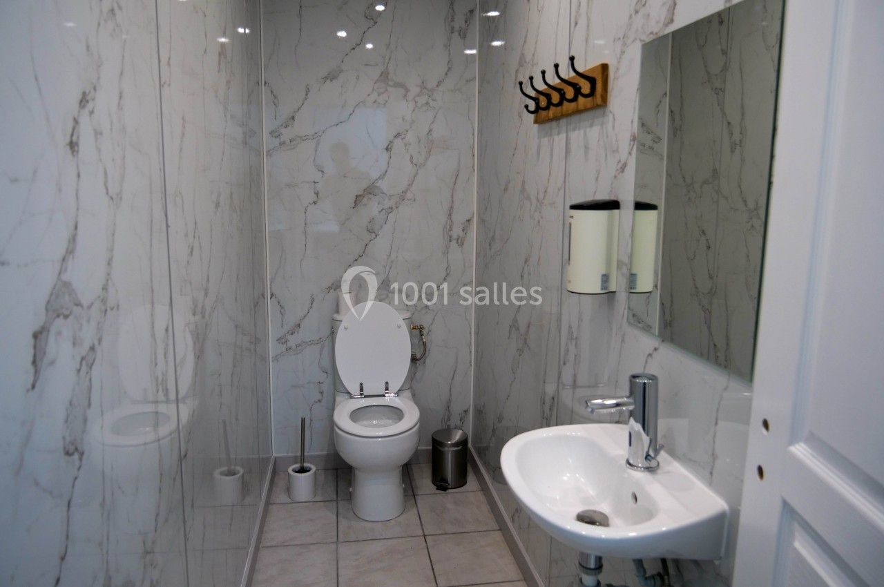 Salle de bain moderne avec murs en marbre, toilettes, lavabo, miroir et porte-manteaux en bois.