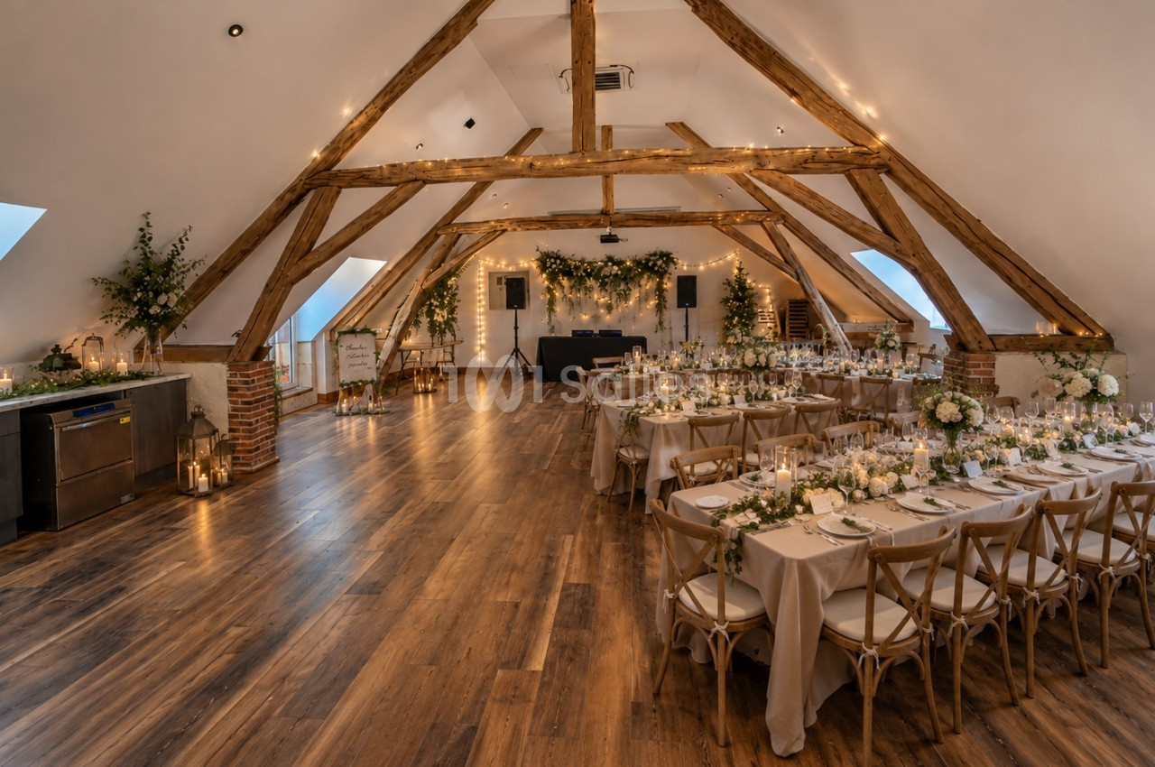 Grande salle mansardée aux poutres apparentes, dressée pour un banquet avec plusieurs longues tables recouvertes de nappes claires, chaises en bois et guirlandes lumineuses.