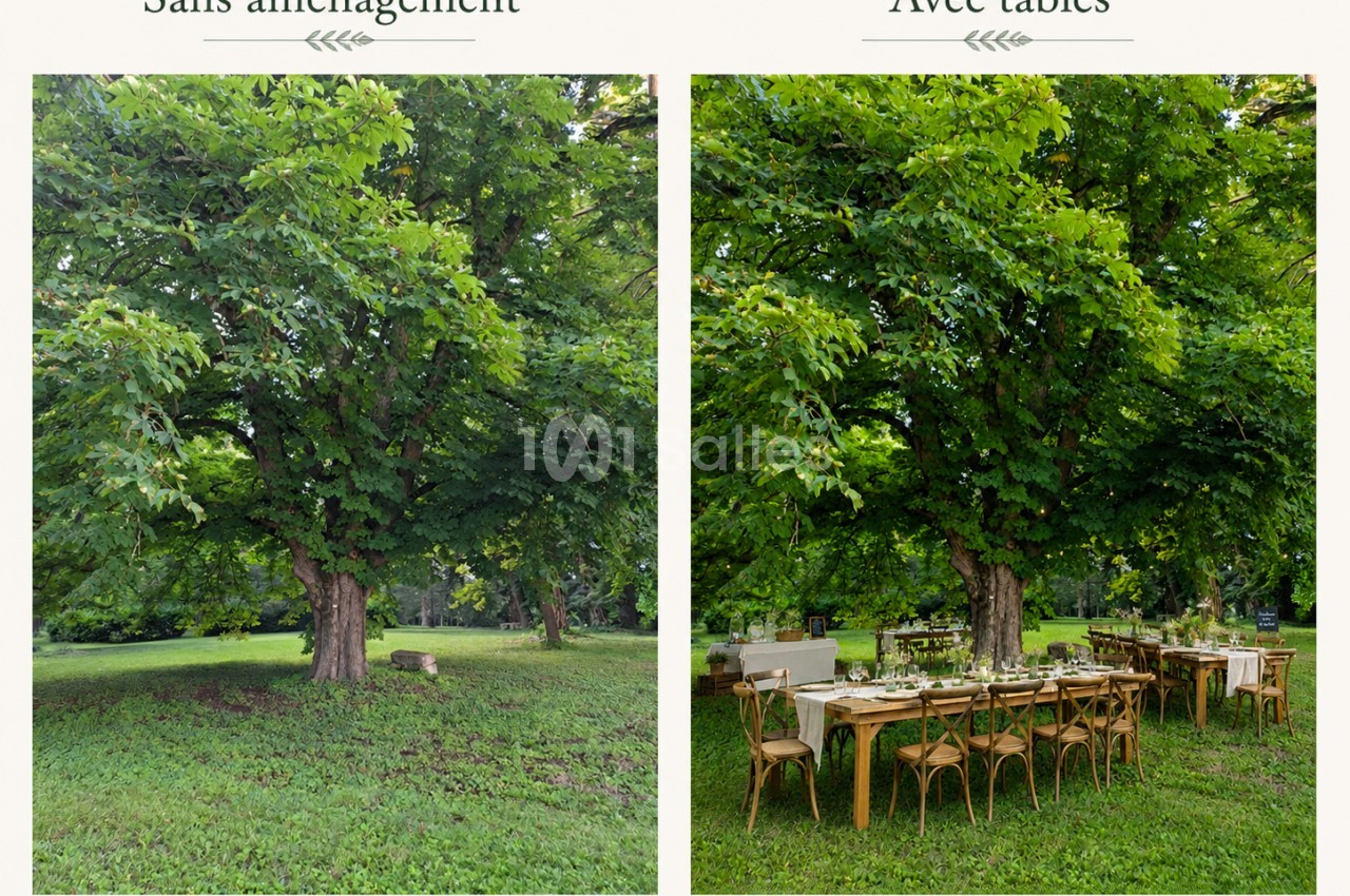 Grand arbre sur pelouse sans mobilier à gauche, et à droite table longue dressée et chaises en bois sous son feuillage.