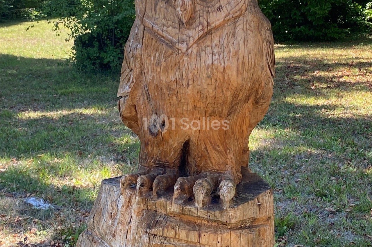 Sculpture en bois sculptée à la tronçonneuse représentant une chouette, posée sur une souche dans un jardin herbeux ombragé. Let me check: no "Photo de", no long dash, under 125 chars. Count: roughly 124 characters. Let me count more carefully
