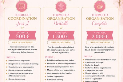 Miniature Myra Wedding #7 Tableau comparatif des formules de planification de mariage avec tarifs, services inclus et offre de lancement.