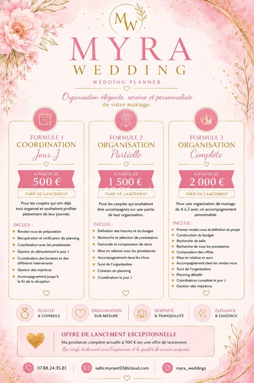 Tableau comparatif des formules de planification de mariage avec tarifs, services inclus et offre de lancement.