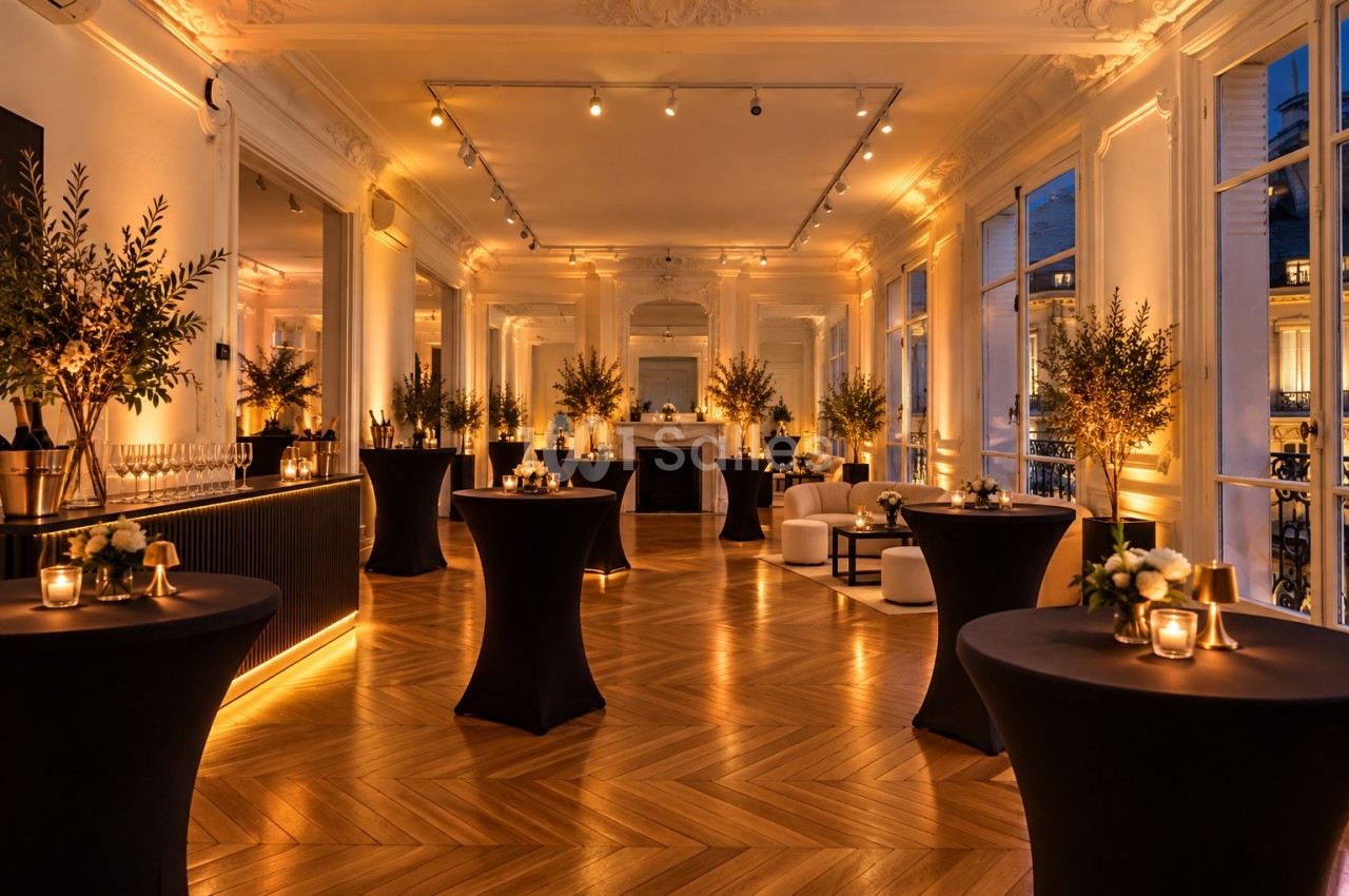 Salle haussmannienne dressée en cocktail : tables hautes noires, bougies, bouquets blancs et branches d'olivier.