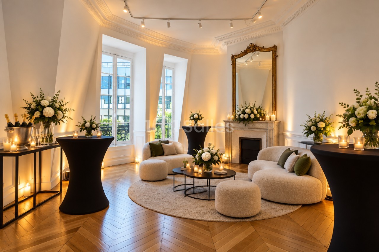 Salon aux murs blancs et parquet en chevron, avec canapés bouclés crème, tables hautes noires habillées de bouquets blancs et bougies, et grand miroir doré.