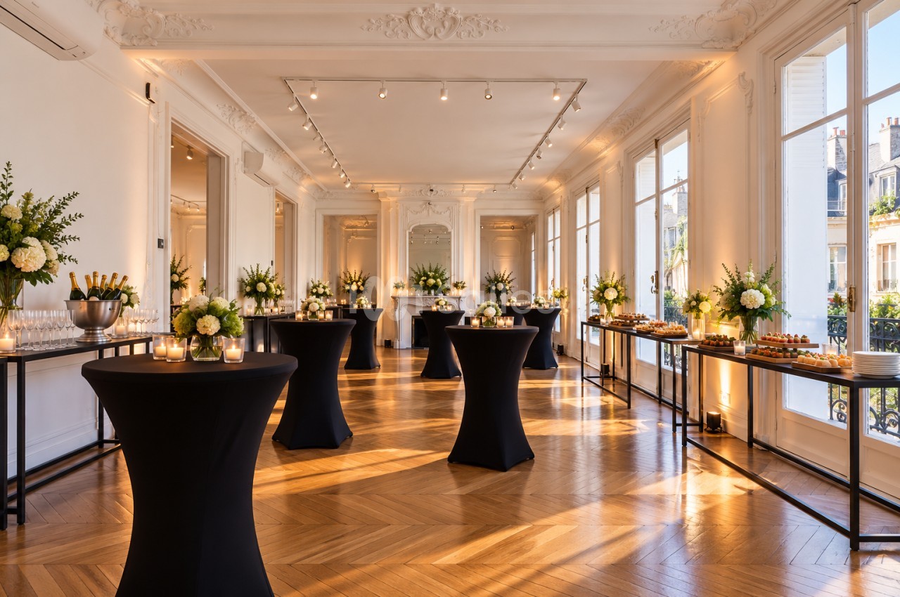 Salle de réception haussmannienne aux moulures blanches et parquet en point de Hongrie, dressée de tables hautes noires avec bouquets blancs, bougies et buffet le long des fenêtres. Let me check length: roughly 165 characters, too long. Need ≤125. Salle