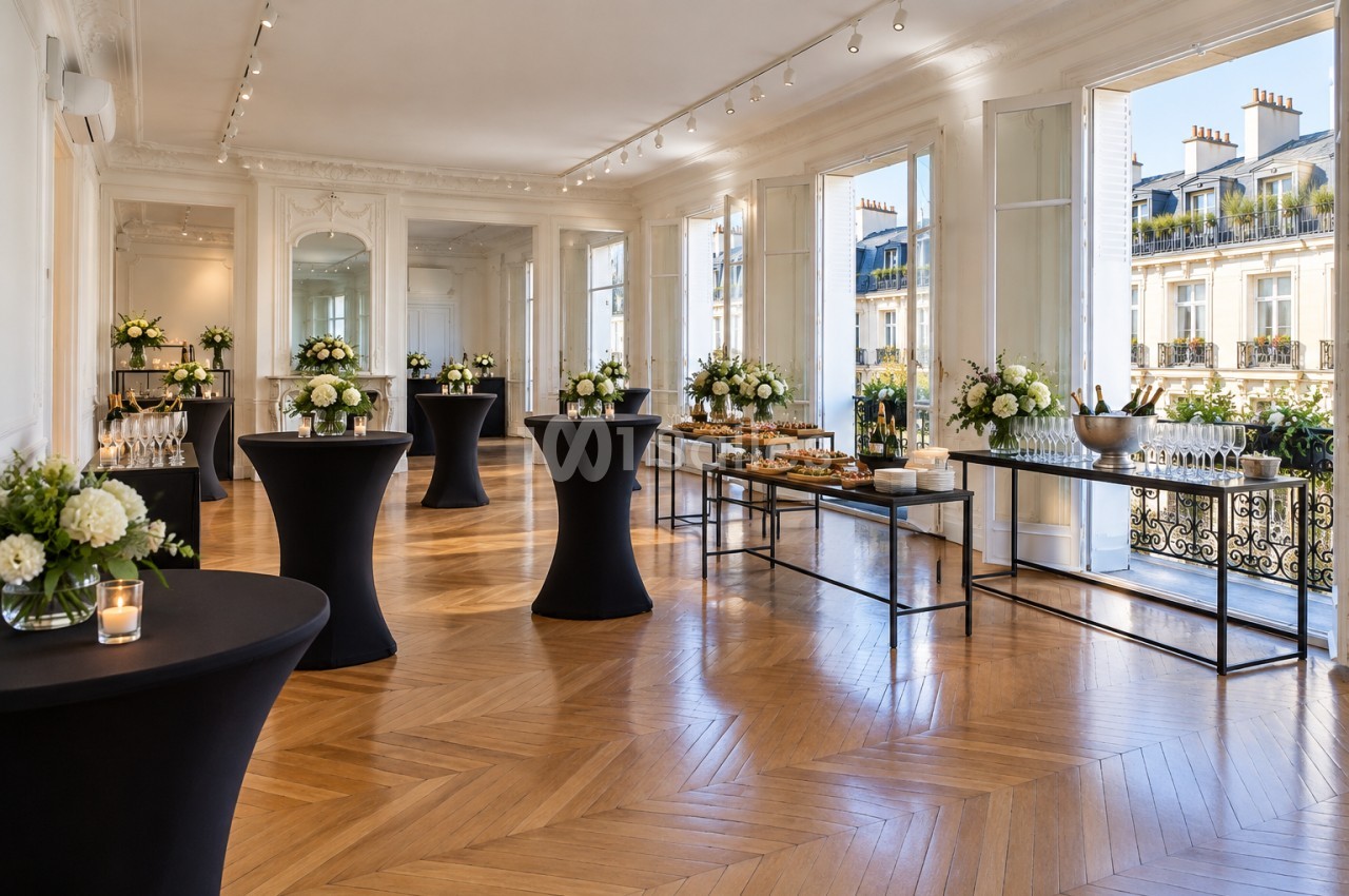 Salle de réception parisienne aux parquets en point de Hongrie, tables hautes nappées de noir, bouquets blancs, buffet dressé et grandes fenêtres ouvertes sur la rue. Let me check length: roughly 165 characters, too long. Need ≤125. Salle de réception au
