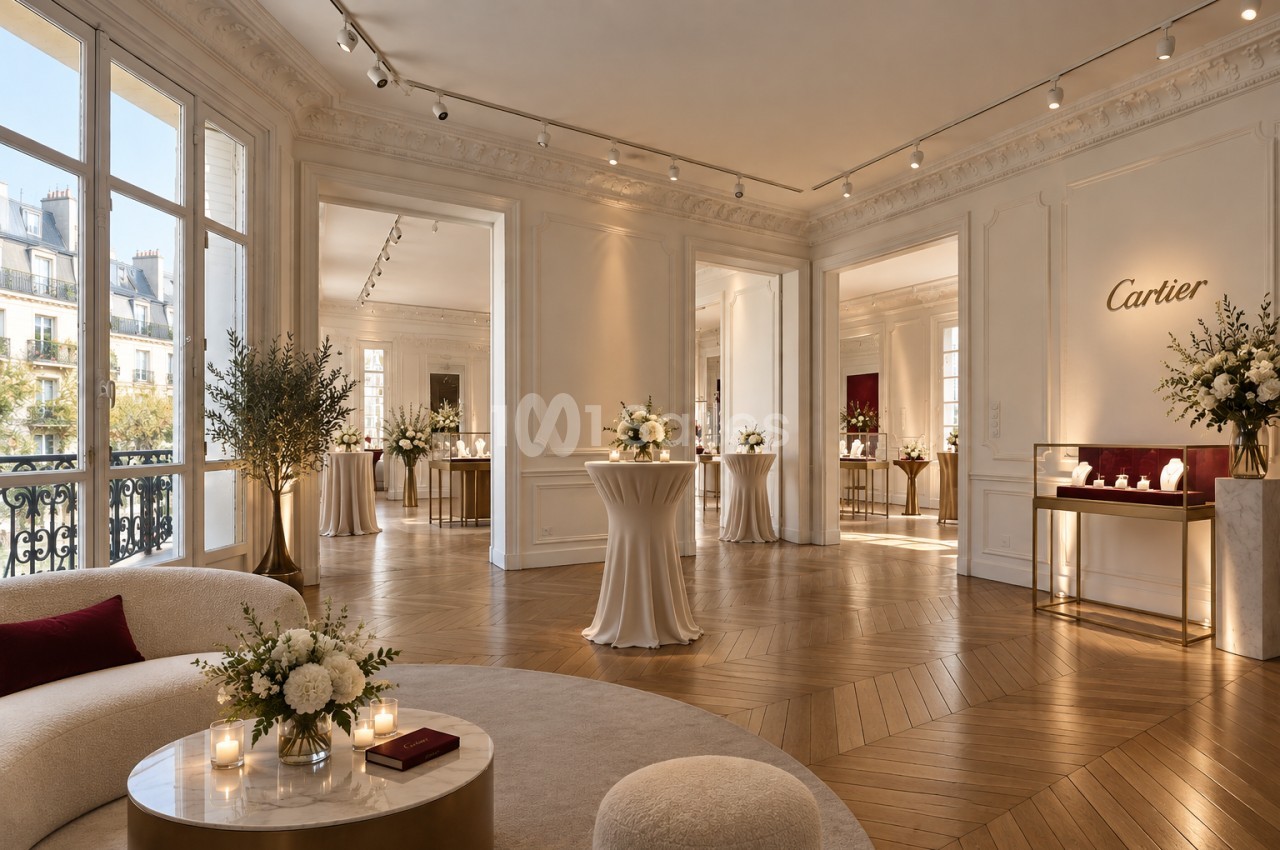 Salle haussmannienne au parquet en chevrons, avec tables hautes nappées de blanc, bouquets floraux et vitrines de bijoux.