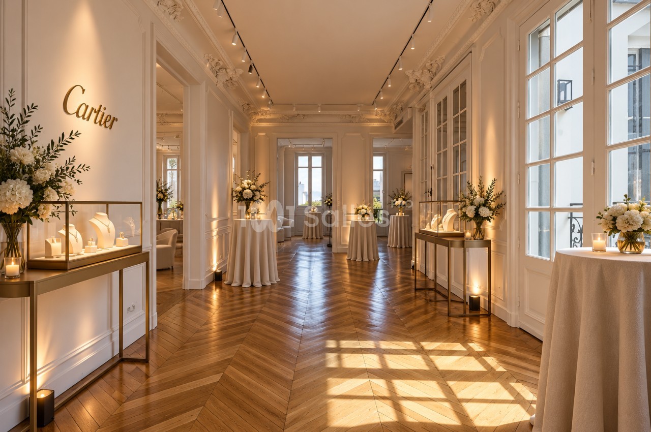 Enfilade parquetée en point de Hongrie d'un appartement haussmannien, avec tables hautes nappées, bouquets blancs et vitrines de bijoux éclairées. Let me check length: roughly 150 characters, too long. Need ≤125. Reformulate: "Enfilade haussmannienne au
