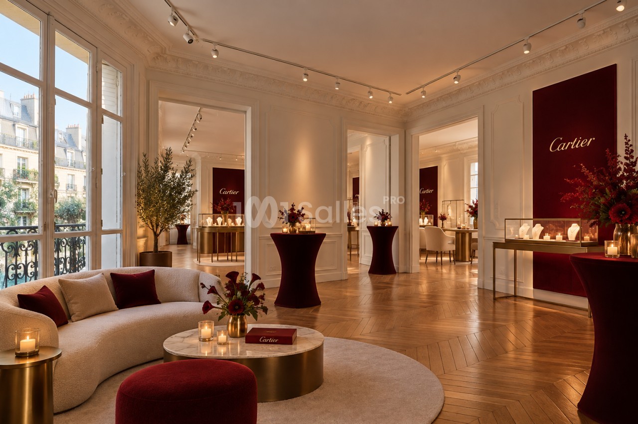 Salon haussmannien au parquet à chevrons, canapé crème, tables hautes bordeaux et vitrines de bijoux, éclairé aux bougies.