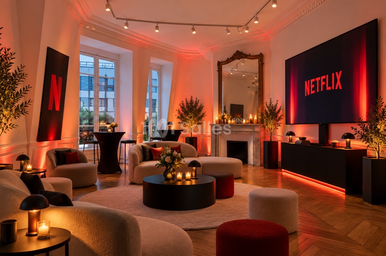 Salon d'intérieur tamisé aux canapés arrondis beiges, poufs rouges et grand écran mural devant une cheminée en marbre.