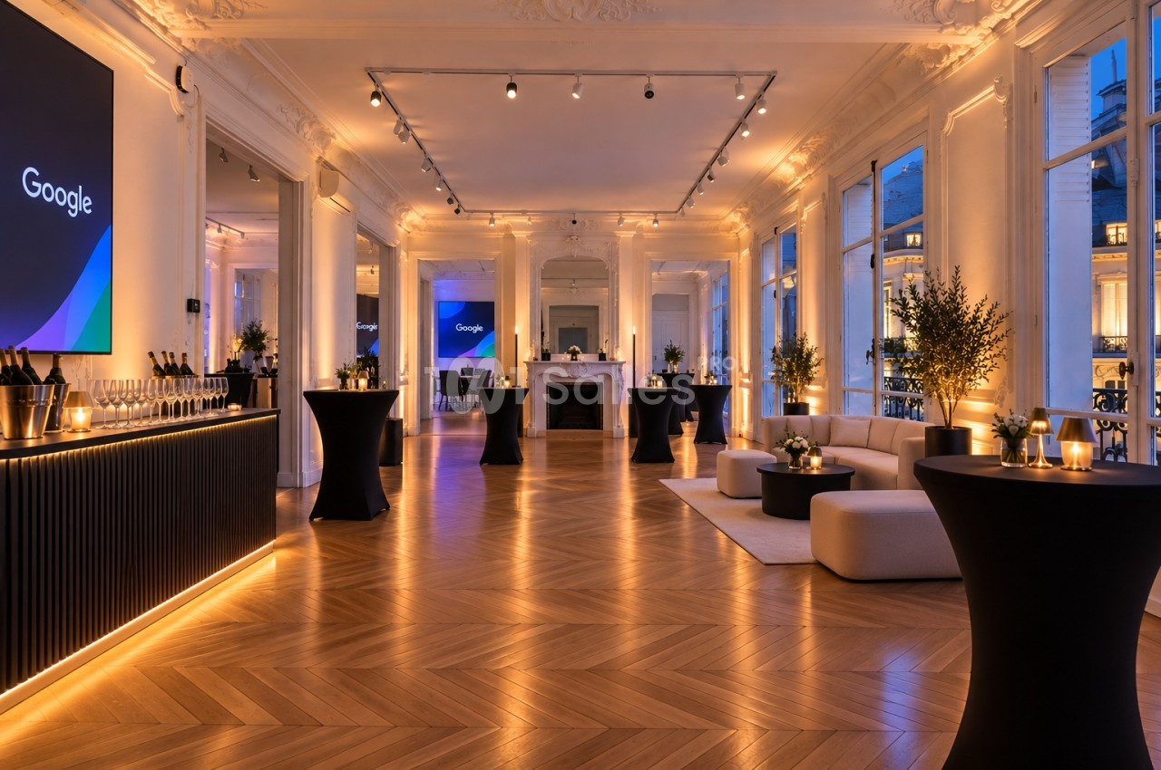 Salon haussmannien au parquet en chevrons, tables hautes noires, canapés blancs et éclairage chaleureux en soirée.