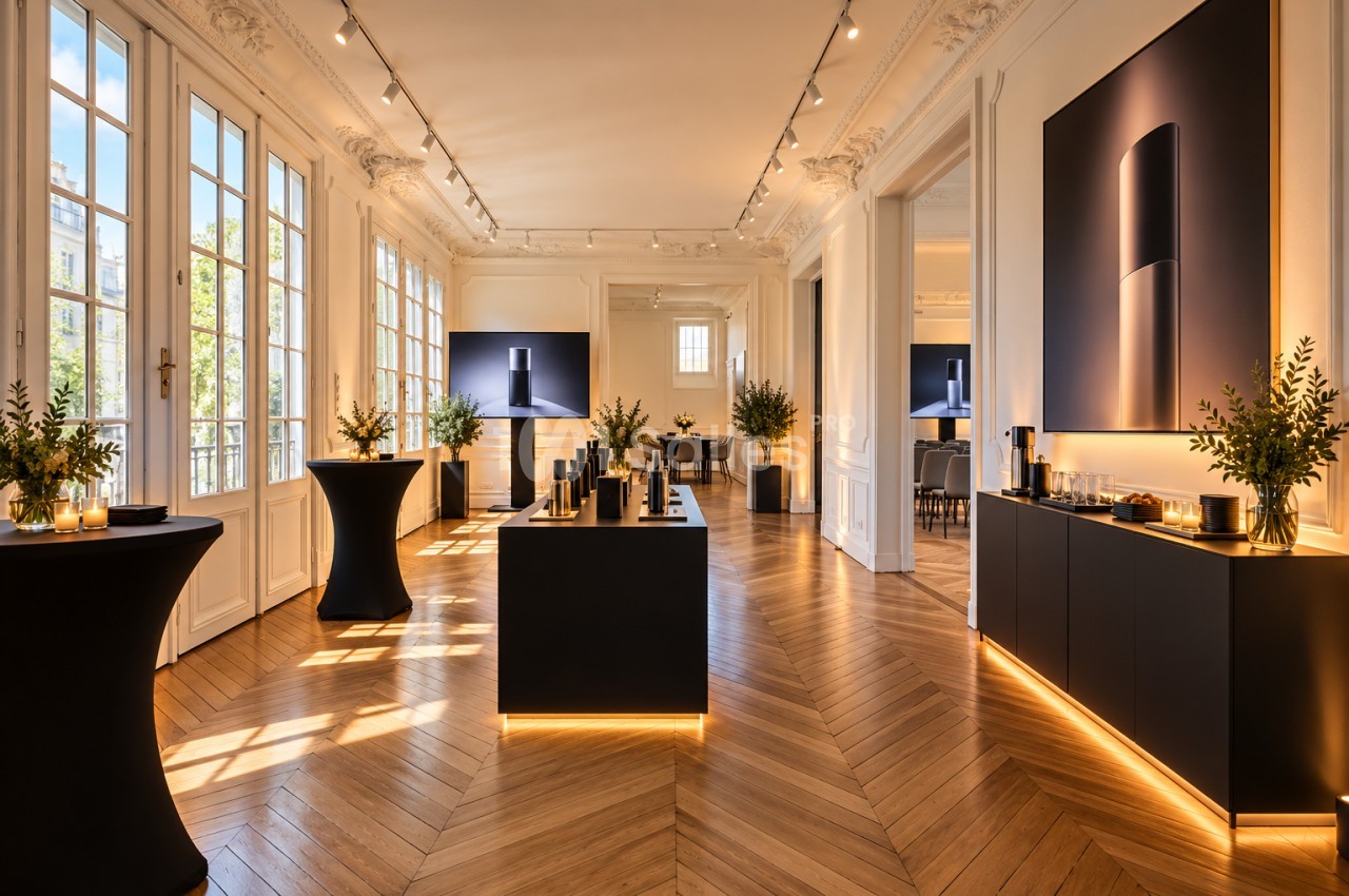 Salle de réception parisienne au parquet en chevrons, avec hautes fenêtres, moulures au plafond et tables hautes nappées de noir, sous un éclairage chaleureux.