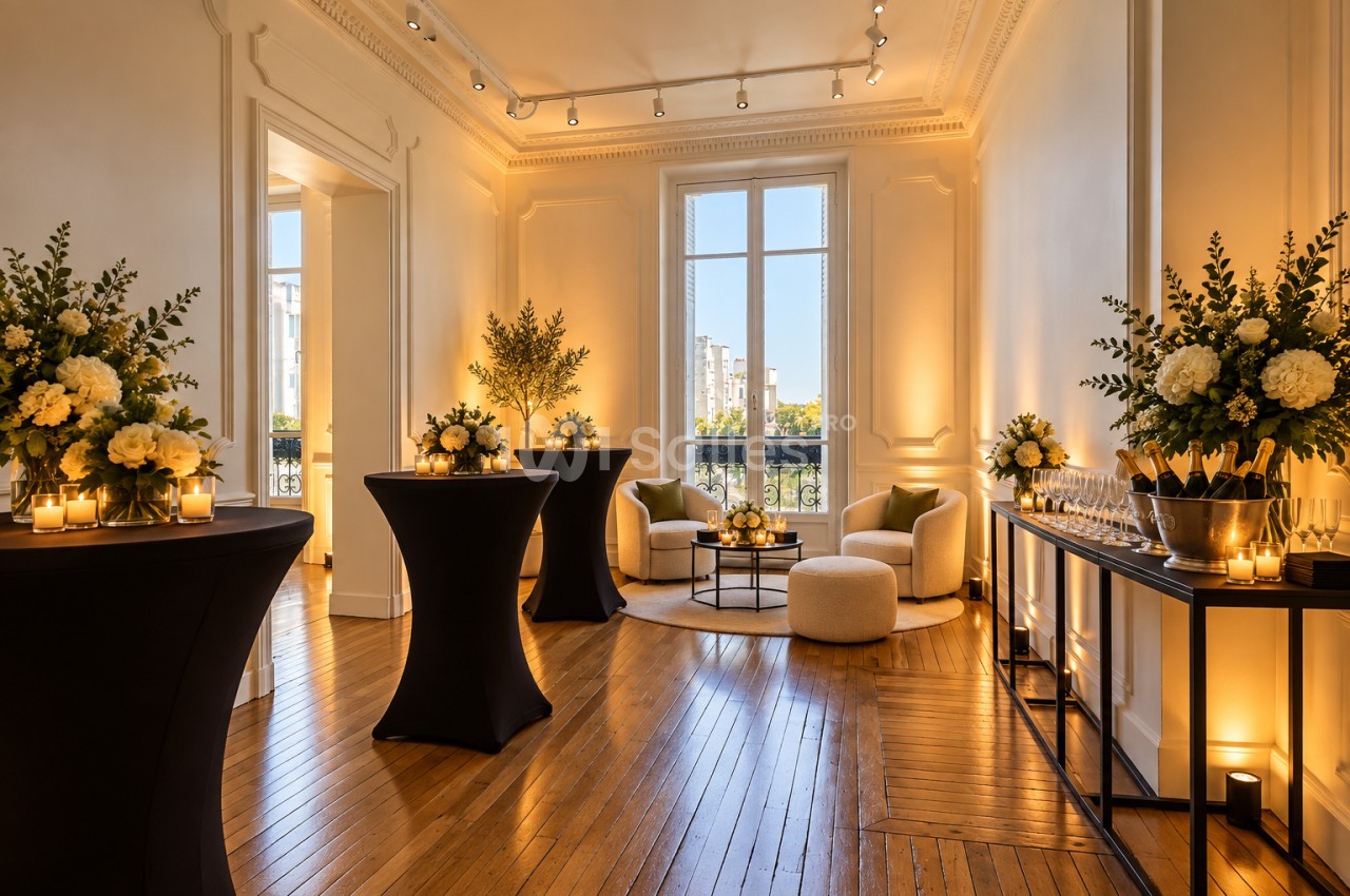 Salle de réception aux murs crème et parquet en bois, dressée de tables hautes noires fleuries, avec fauteuils, banquette et bar à champagne contre le mur. Let me check length: roughly 150 characters. Too long. Need ≤125. "Salle de réception au parquet